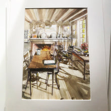 Charger l&#39;image dans la galerie, souper devant la cheminée. Aquarelle et pastel à l&#39;huile, oeuvre originale de Philippe Dargent
