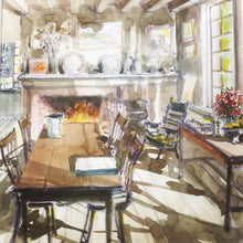 Charger l&#39;image dans la galerie, souper devant la cheminée. Aquarelle et pastel à l&#39;huile, oeuvre originale de Philippe Dargent
